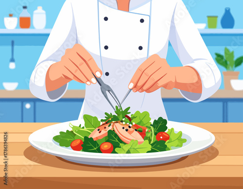 Chef preparing a healthy salad with greens, tomatoes, and chicken on a white plate in a bright kitchen.