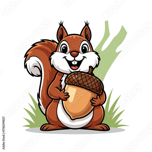 Joyful cartoon squirrel happily clutching a giant acorn, a whimsical story book character preparing for winter.