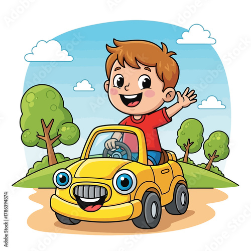 Joyful little boy waving happily while driving a yellow car, a spirited story book character full of excitement.