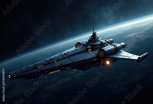 Fototapeta Naklejka Na Ścianę i Meble -  Floating Futuristic Orbital Space Station High-Tech Spacecraft Interstellar Journey