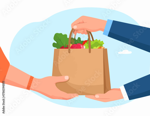 Two hands exchanging a brown paper grocery bag filled with fresh produce, against a light blue abstract background.