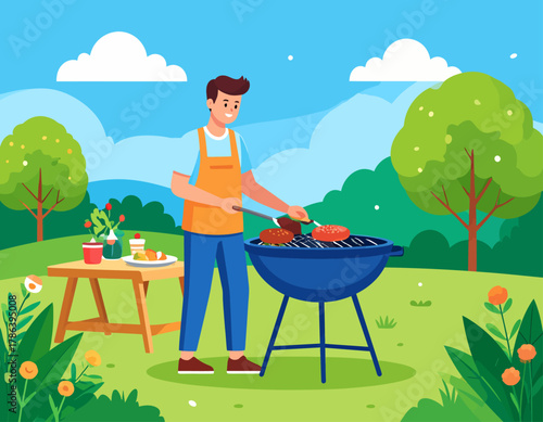 A man wearing an apron is grilling food on a barbecue in a park, with a table set nearby under a bright sky.