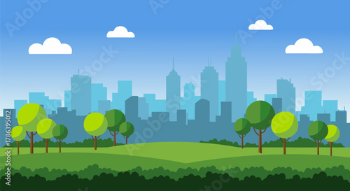 Scenic city skyline silhouette with trees and green landscape, perfect for background design