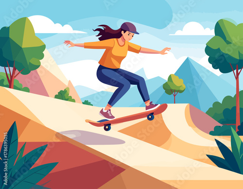 A young woman skateboarding downhill in a scenic landscape with mountains, trees, and blue sky.
