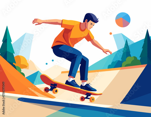 A young man skateboarding in a stylized park setting with geometric mountains and trees in the background.
