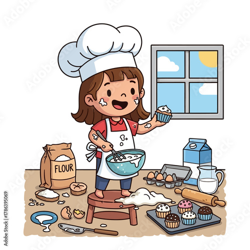 Joyful child chef playfully baking cupcakes in a bright kitchen, a sweet story book character spreading joy.