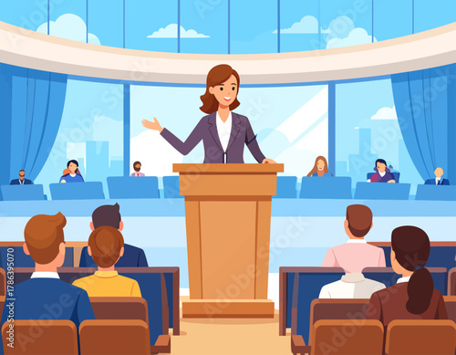 A woman is giving a speech from a podium to an audience in a conference room with a cityscape view.