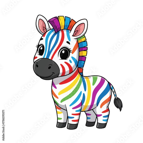 Joyful cartoon zebra with vibrant rainbow stripes, a colorful story book character for children s tales.