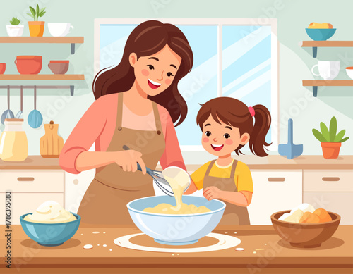 A mother and daughter are happily baking together in a bright kitchen, mixing ingredients in a bowl with a whisk.
