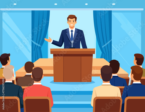 A man in a suit stands at a podium, giving a speech to an audience in a formal setting with blue curtains.