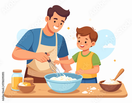 A father and son are happily baking together, mixing ingredients in a bowl on a wooden countertop, with kitchen items nearby.
