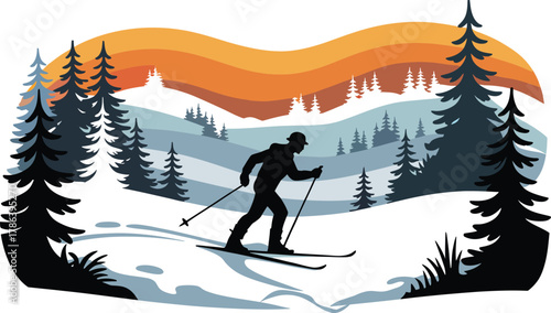 Cross-country skier silhouette traversing snowy winter landscape with mountain hills and dramatic sunset sky background.
