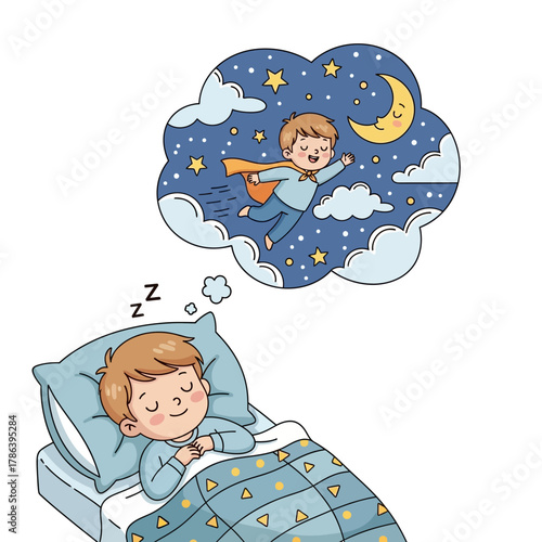 Little boy dreaming of flying like a superhero through a starry sky, an imaginative story book character of wonder.