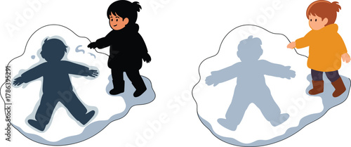 Kids playing in snow field making snow angel imprint outdoor winter fun activity vector illustration
