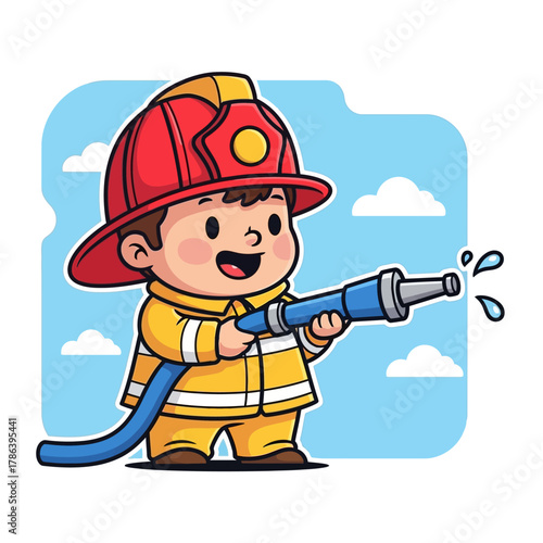 Joyful cartoon firefighter child hero with hose ready to spray water, a brave story book character celebrating imagination.