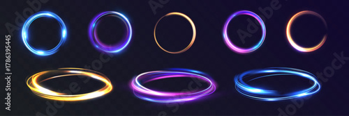 Vortex speed glowing light rings set, vibrant neon energy circles, luminous motion halos, colorful magic portal loops, futuristic shining effects on dark transparent background.
