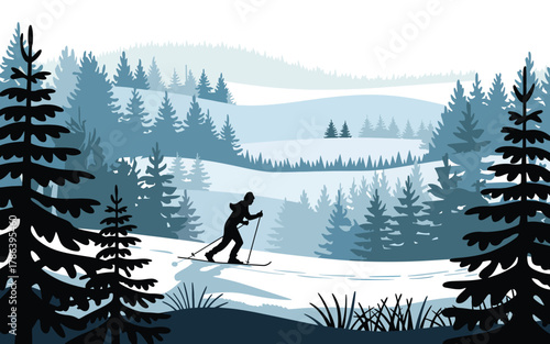 Silhouette of person cross-country skiing downhill on snow in tranquil blue winter forest mountain landscape view.