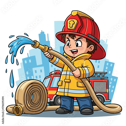 Joyful child firefighter proudly spraying water near a red truck, an inspiring story book character of courage.