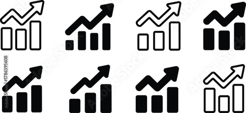 Business growth and financial success bar chart icons with rising arrow