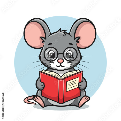 Curious little mouse with glasses reading an open book, a clever story book character inspiring learning.