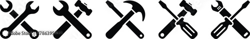 Crossed hand tools vector icon set for repair, service, and construction work