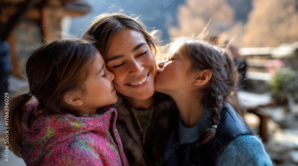 Obraz premium Faceless family with small daughter on terrace outdoors defocused winter nature background holiday in mountains cozy family moment seasonal vacation time warm winter gathering