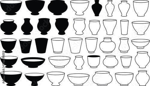 Set of various pottery, ceramic, and glass vessels and bowls illustration