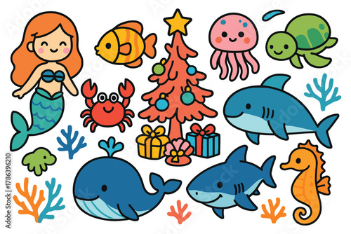 Cute cartoon mermaid christmas tree and ocean animals celebrate holidays underwater