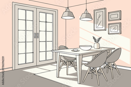 Minimal dining room interior with wooden table and pendant lights, bright sunlight, flat vector illustration
