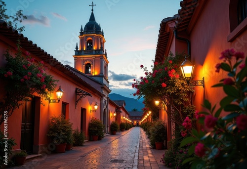 Spanish Colonial Church Bell Tower Architecture Elegance Graced by Reflected Twilight Serenity Encompassing Garden Views