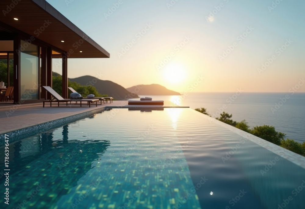 Naklejka premium Stunning Infinity Pool Overlooking Limpid Horizon in Ultra Modern Coastal Villa Ingeniously Integrated with Surreal Surroundings
