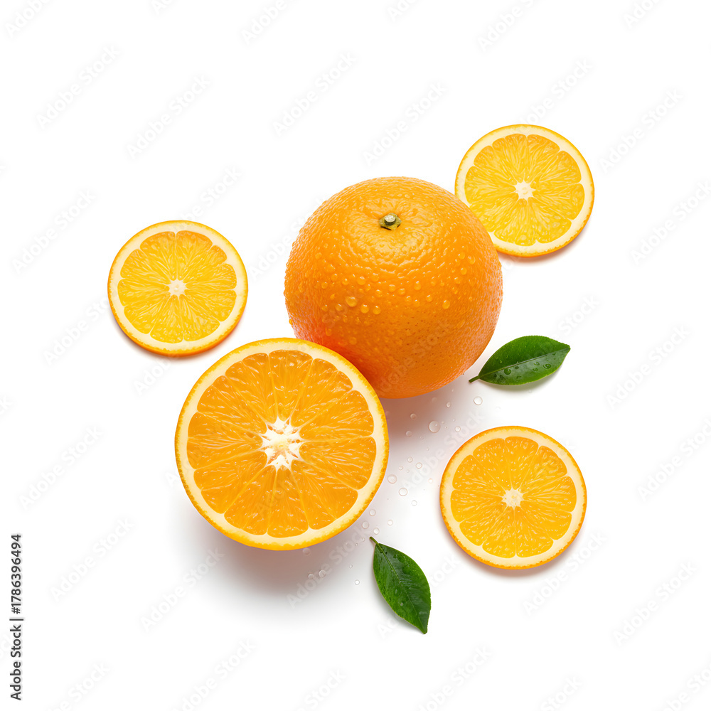 Fototapeta premium Assorted orange slices and whole orange with leaves on white surface still life food photograph studio shot for citrus fruit exactly