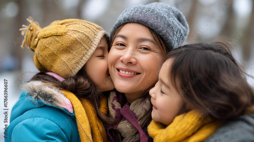 Obraz premium Faceless happy kids having fun with parents in winter park defocused snowy forest background family rejoicing in weather outdoor winter play seasonal family bonding with copy