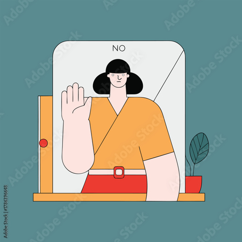 illustration of female character sitting on stool with hand raised in refusal
