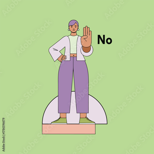 illustration of female character sitting on stool with hand raised in refusal