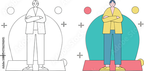 illustration of female character sitting on stool with hand raised in refusal