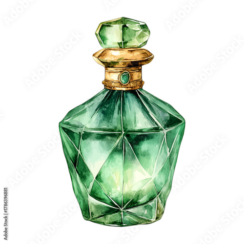 Watercolor Vintage Green Perfume Bottle Gold Cap Vector Clipart
