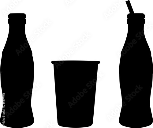 Set of black silhouettes with two classic beverage bottles and a disposable paper cup, soft drink consumption, takeaway drinks, suitable for food service and restaurant themes