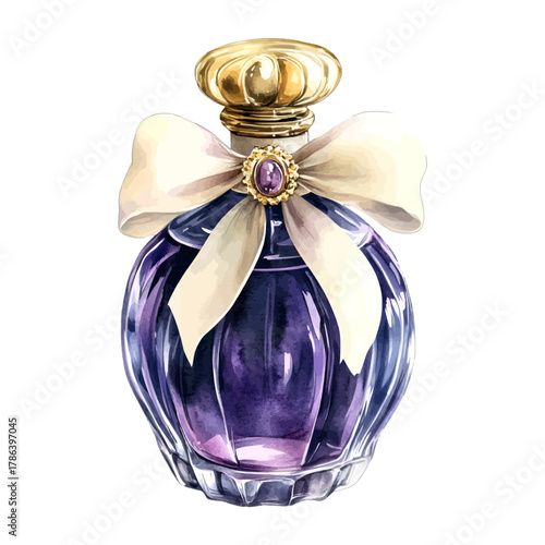 Watercolor Vintage Purple Perfume Bottle with Ribbon Bow Vector Clipart
