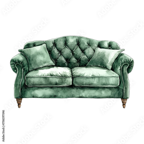 Watercolor Emerald Green Velvet Tufted Chesterfield Sofa Vector Clipart
