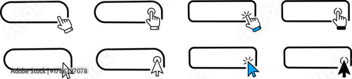 Collection of blank button outlines with various illustrations of hand pointers and cursor clicks, concept of interactive web elements and user interface actions, perfect for designing calls to action