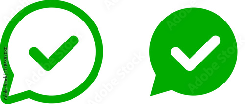 Green checkmark icon inside a speech bubble, representing confirmation, approval, and correction; often used for notifications, status, and verified identity