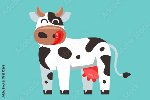 Cute cow in a village meadow. Flat illustration.