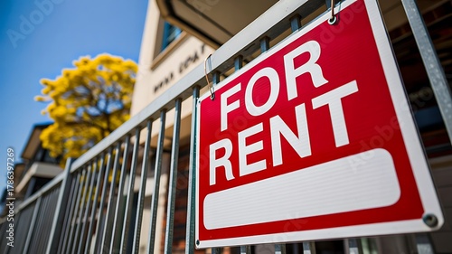 Red for rent sign on building fence showing real estate rental concept
