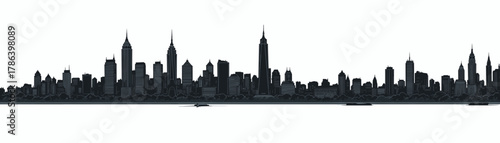 City skyline silhouette with tall buildings against white background  