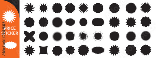 Set of price sticker, sale or discount sticker, sunburst badges icon. Zig zag wavy edge rectangle, oval, circle stickers set. Vector illustration big set design 