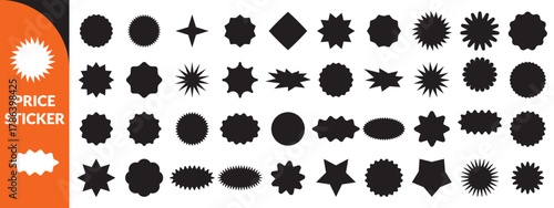 Set of price sticker, sale or discount sticker, sunburst badges icon. Zig zag wavy edge rectangle, oval, circle stickers set. Vector illustration big set design 