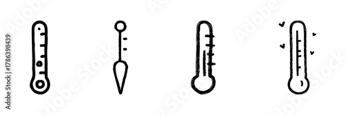 Thermometer Line Icon Set In Doodle Style. Temperature Measurement And Weather Monitoring Outline Sketch Collection. Hand Drawn Isolated Vector Illustration