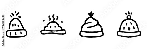 Winter Hat Line Icon Set In Doodle Style. Warmth, Comfort, And Seasonal Fashion Outline Sketch Collection. Hand Drawn Isolated Vector Illustration