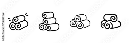 Rolled Towels Line Icon Set In Doodle Style. Spa, Relaxation, And Hospitality Essentials Outline Sketch Collection. Hand Drawn Isolated Vector Illustration